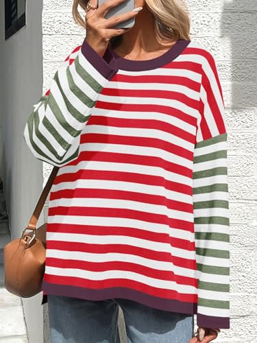 Image of Saodimallsu Womens Striped Oversized Sweaters Color Block Crew Neck Long Sleeve Loose Knit Pullover Sweater