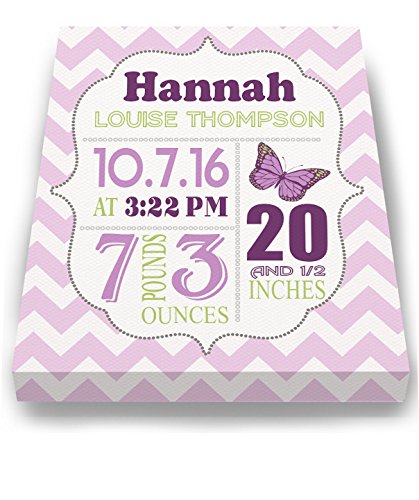 Personalized Stretched Canvas Birth Announcement Gift, Custom Baby Name, Date, Weight Stats, Newborn Butterfly Nursery Wall Art Decor, Wooden Frame Construction, Ready to Hang 20X24