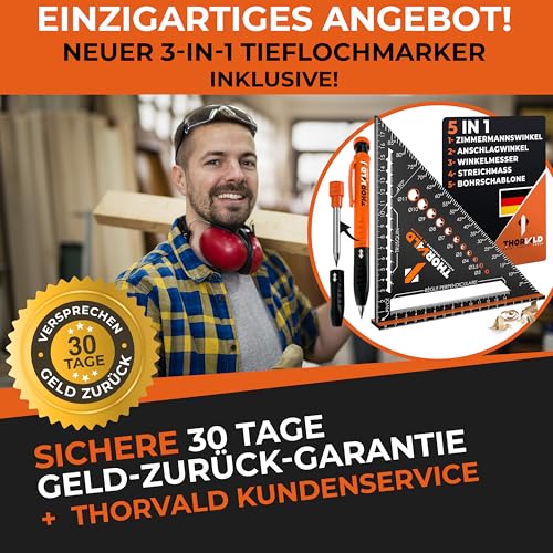THORVALD Zimmermannswinkel 5-in-1 - Winkelmesser Anschlagwinkel + Tieflochmarker - Aluminiumwinkel mit 180 mm Schenkellänge zum präzisen Anreißen & Zeichnen/Multifunktional Perfekt um Zeit zu sparen