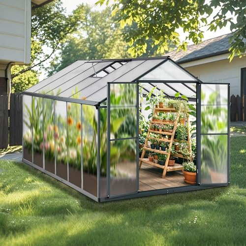 Gegaden Gewächshaus Aluminium für den Garten |Mit 8 cm dickeres Fundament| 361*238*210 cm | Vielseitig nutzbar als Treibhaus Gartenhaus Winterfest Aufzucht Tomatenhaus Frühbeet und Pflanzenhaus Grau
