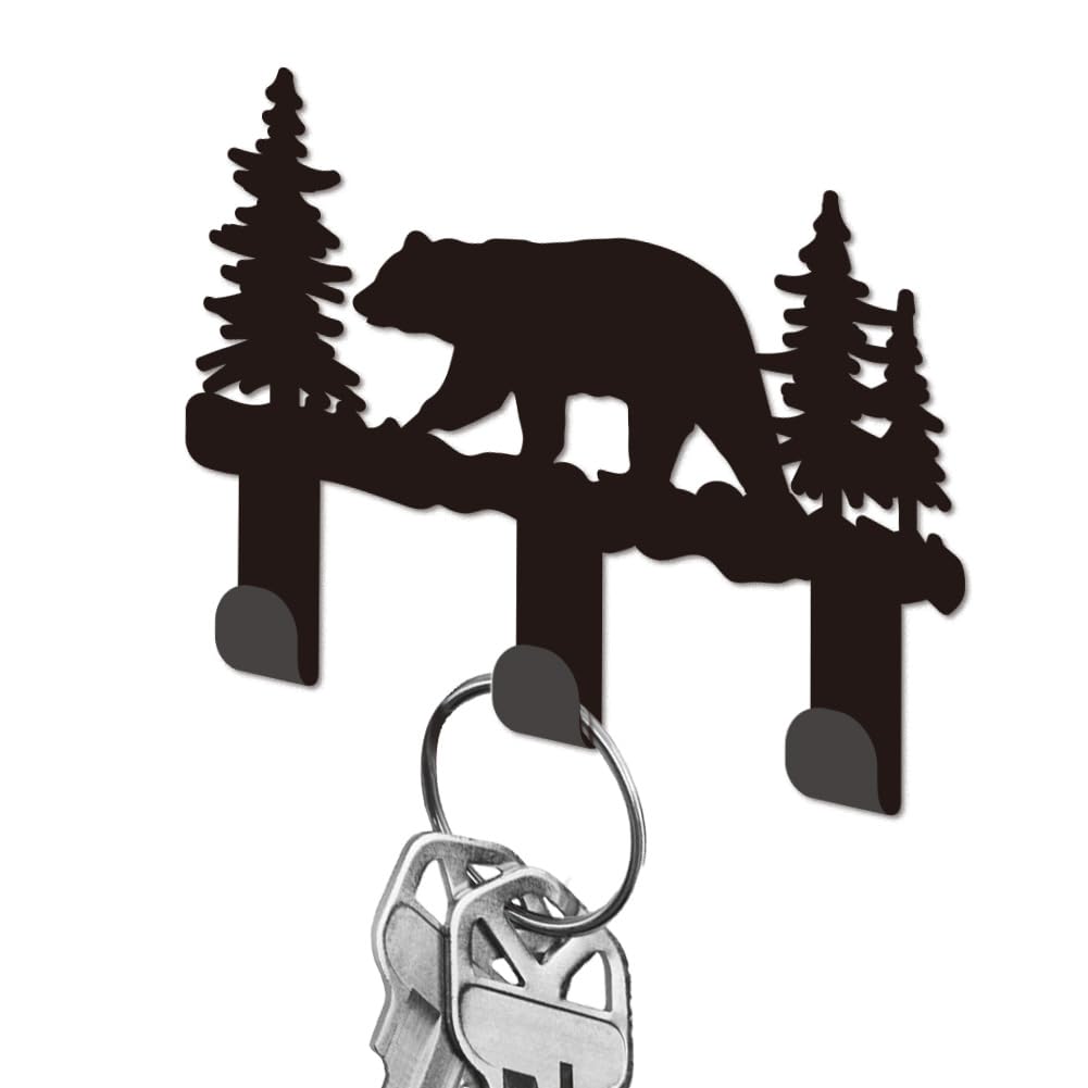DELORIGIN Key Holder for Wall, Black Iron Key Hooks Wall Mounted Forest Bear Key Rack with 3 Hooks, Small Key Hangers House Key Holder for Keys Bag