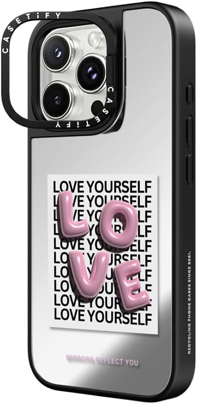 CASETiFY Mirror Ring Stand Case for iPhone 16 Pro Max [Kickstand / 4.9 ft. 1X Military Grade Drop Protection/Compatible with Magsafe] - Love - Silver on Black