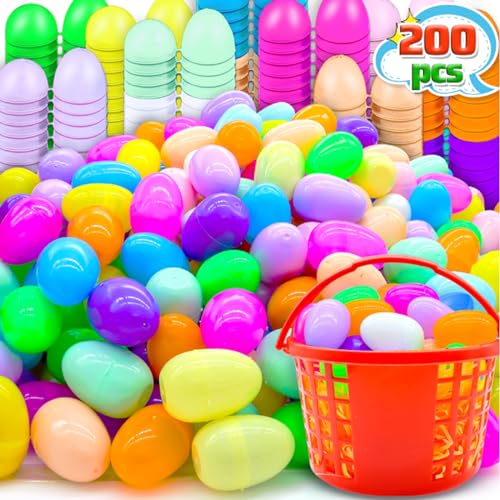 RALLYPANDA 200Pcs Easter Plastic Egg Bulk Empty, Fillable Basket Fillers Stuffer Hunt, Colorful Golden Eggs for Classrrom Prize Supplies Toy