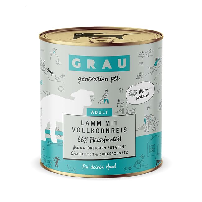 GRAU – das Original – Nassfutter für Hunde - Lamm mit Vollkornreis, 6er Pack (6 x 800 g), Monoprotein, glutenfrei, für erwachsene Hunde