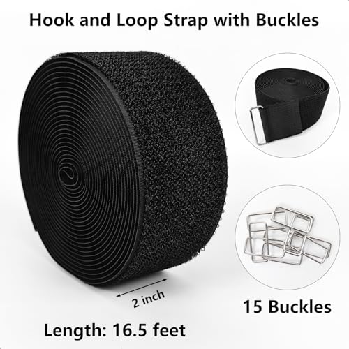 Hook and Loop Straps, 2\'\' x 16.5\', Fastening Cinch Straps with 15 Metal Buckles, Cut to Length, Heavy Duty, Reusable Cable Straps, Cord Straps, 16.5 Feet Long Cord Strap for Storage and Organization