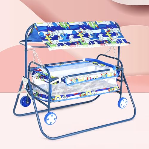 Image of Baby Cradle with Canopy and Wheels, Blue Cartoon Print | Portable Bassinet, Safety Mesh
