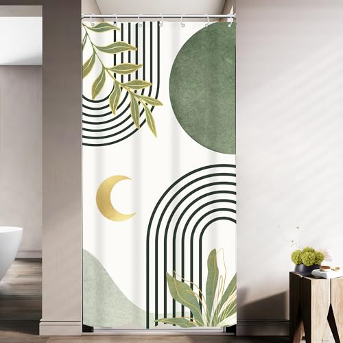 Image of Riyidecor Small Stall Sage Green Boho Shower Curtain RV Single Half Size Mid Century Abstract Modern Geometric Simple 36Wx72H Inch Arch Leaves Fabric Decor Bathroom Polyester Waterproof Hooks