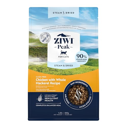 ZIWI Peak Steam & Pollo essiccato senza gabbie con sgombro intero, 800 g – cibo naturale ad alto contenuto proteico per gatti, alternativo e grezzo, senza cereali