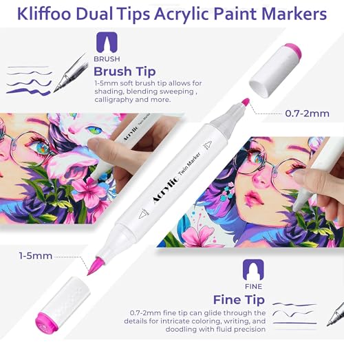 Image of 48 Colors Dual Tip Acrylic Paint Markers Set with Carrying Case For Painting Sketching Calligraphy Drawing, Permanent Colouring Marker Pens For Rock, Canvas, Wood, Glass, Ceramic, Fabric (48)