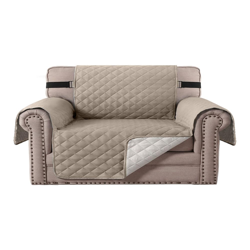 JZS Waterproof Sofa Slipcover, Reversible Sofa Cover Water Resistant Couch Cover with Foam Sticks Elastic Straps Furniture Protector for Pets Kids Children Dog Cat(Khaki,2 Seater)