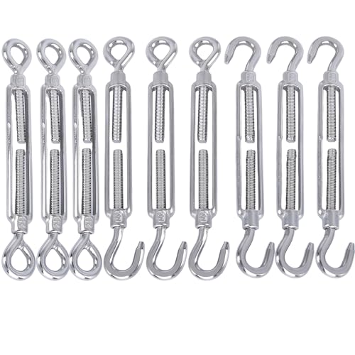 Eiflayn Tensores de Alambre,9 Piezas M5 Acero Inoxidable 304 Tensor Cable Acero,Tensor Cuerda Tendedero Gancho/Ojo,Gancho/Gancho,Ojo/Ojo,para Tensor de Vela de Sombra, Alambre de Jardín,Tendedero