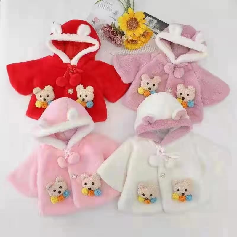 Bold N Elegant Girl's Soft Furry Warm Winter Hooded Party Poncho Jacket Standard Length Coat with 3D Plush Toy Bear Patch (Light Pink, 6-12 Months) 1