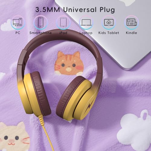 Image of Candy Bila Kids Headphones, Wired Headphones for Kids Over Ear with Microphone, 85 /94dB Volume Headphone for Girls Boys, Foldable Headphone for Learning, Gradient Brown and Yellow