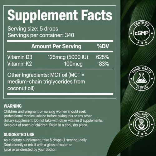 Image of Vitamin D3 5000 IU & K2 Drops with MCT Oil 5000IU D3 + 100 Mcg K2(MK-7) | 1.69 Fl Oz, Supports Bone, Immune, Heart & Teeth Health, Third-Party Tested, Vegan, Non-GMO, Gluten Free