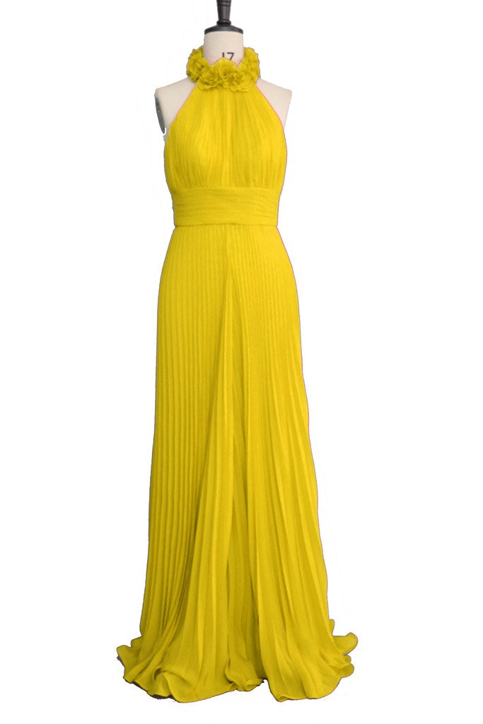 Women's Hand Made Halter Pleats Chiffon Evening Dress Size 16 Yellow
