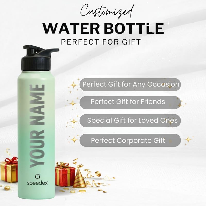 Image of Speedex Customised Stainless Steel Water Bottle 1 Ltr with Name - Personalised Engraved Sipper Cap Bottle for Kids, Men & Women, School, Gym, Office Dual Green, Set of 1