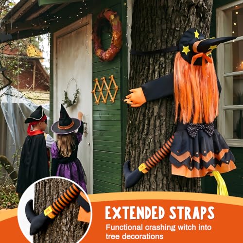 45" Halloween Crashing Witch Decoration Flying Witchs on Broom Hanging from Tree Outdoor Halloween Decor for Yard Garden Porch Patio - image 5