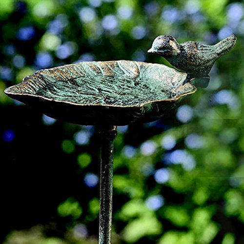 Whw Whole House Worlds Country-Style, Leaf With Bird, Garden Stake Bird Bath, Cast Iron, Rustic Green Patina, 3 Feet 2.5 Inches Tall #TOP5