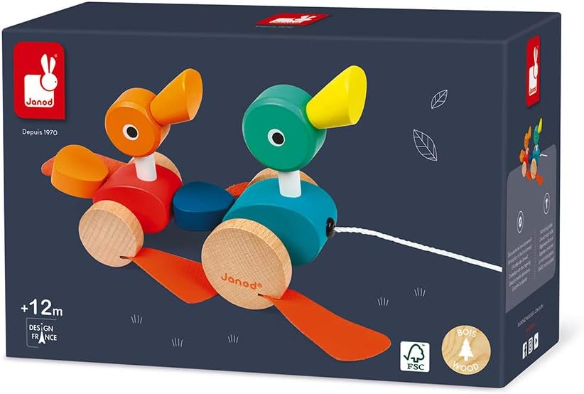 Janod Zigolos Pull Along Duck Family Early Learning and Motor Skills Toy with Flapping Feet Made of Beech and Cherry Wood for Ages 12 Months+