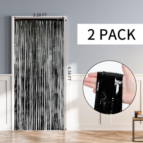 Image of RUBFAC 2 Pack Black Backdrop Party Decorations Tinsel Foil Fringe Curtains Photo Booth Streamer for Halloween Party Decorations New Year Bachelorette Wedding Engagement Birthday Holiday Party Supplies