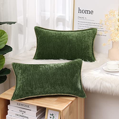 Decoruhome Chenille Soft Throw Pillow Covers 12X20 Set Of 2, Lumbar Velvet Farmhouse Pillow Covers, Decorative Pillow Covers With Stitched Edge For Couch Sofa Bed, Forest Elf #TOP1
