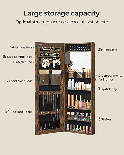 Image of SONGMICS Engineered Wood Lockable Jewelry Cabinet Armoire, Wall-Mounted Storage Organizer With Full-Length Frameless Mirror, 14.8 X 3.8 X 42.5 Inches, Rustic Brown