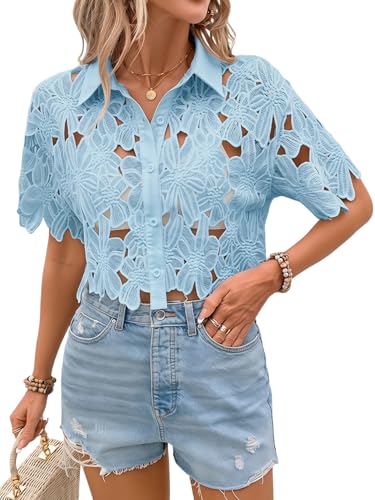 SOLY HUX Women's Floral Lace Cropped Blouses Hollow Out Crop Tops Blouse Short Sleeve Button Down Shirts Light Blue Medium