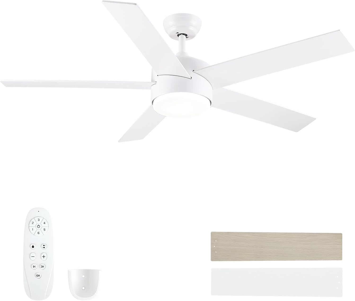 52 inch White Ceiling Fans with Lights and Remote, Reversible 5 Blades Modern Ceiling Fan for Bedroom, Living Room, Dining Room, LED 3 CCT 6-Speed Noiseless, ETL Listed White 52-inch