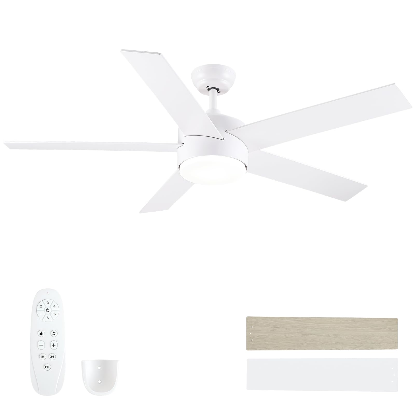 52 inch White Ceiling Fans with Lights and Remote, Reversible 5 Blades Modern Ceiling Fan for Bedroom, Living Room, Dining Room, LED 3 CCT 6-Speed Noiseless, ETL Listed
