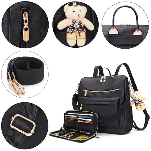 Image of Soperwillton Women Backpack Purse Shoulder Handbags Travel Bag Set 2pcs | Soft PU Leather,Large Capacity,Many Pockets,with a Functional Wallet,with a Detachable Shoulder Strap,Multipurpose Design