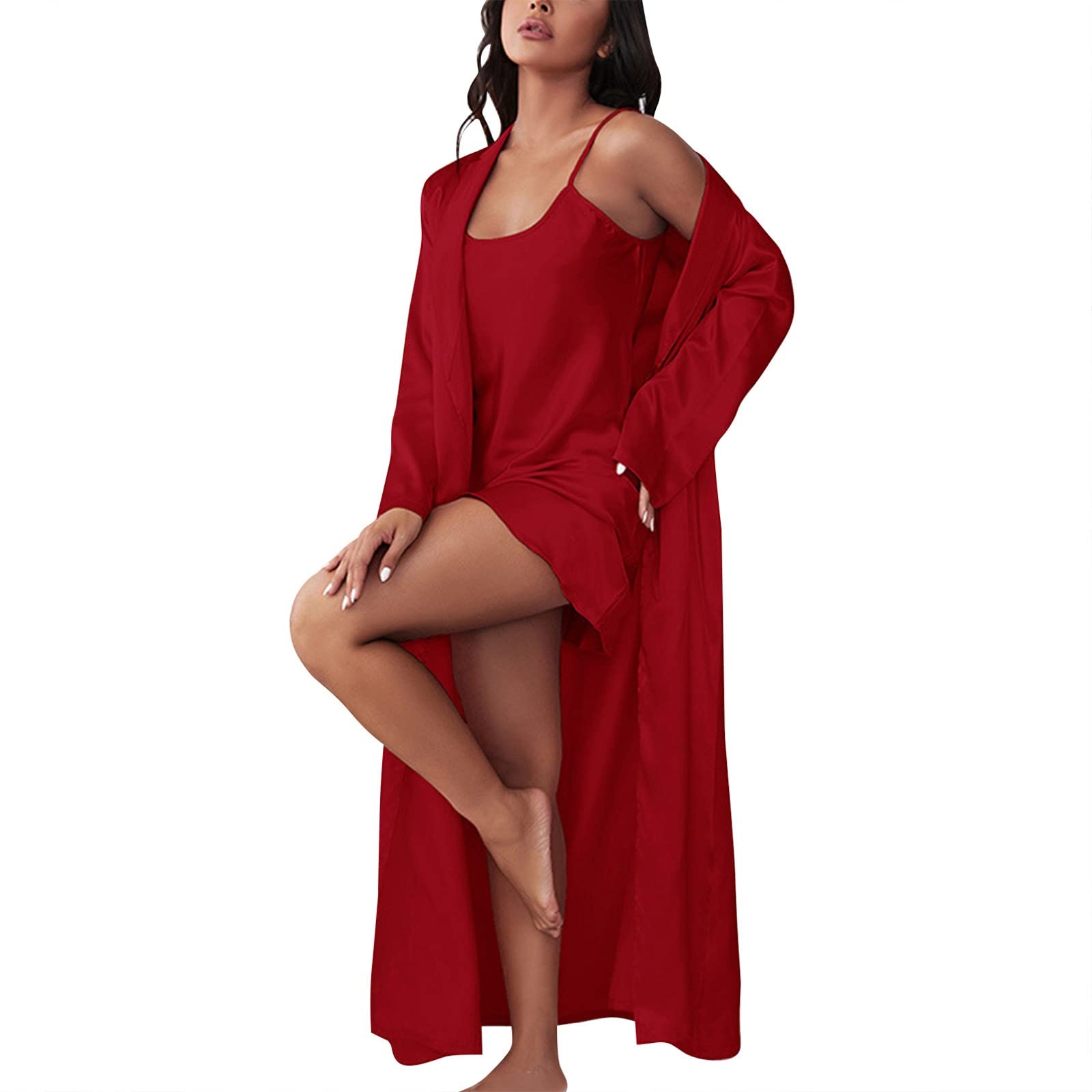Damen-Bademantel aus Satin, leuchtend roter Seidenmantel für Damen, luxuriöser langer Satin-Bademantel, elegante rote Kimono-Nachtwäsche, weiche Seide, Lounge-Robe mit Gürtel, stilvolle