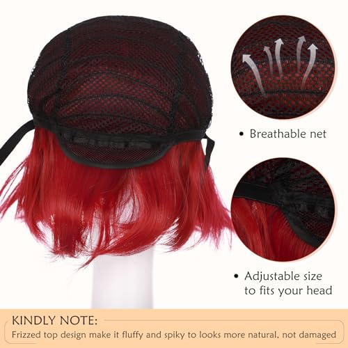 Image of S-noilite Unisex Short Red Wig With Bangs Fluffy Heat Resistant Synthetic Hair Wigs for Men Women Halloween Party Costume Cosplay Anime Comic-con Wigs