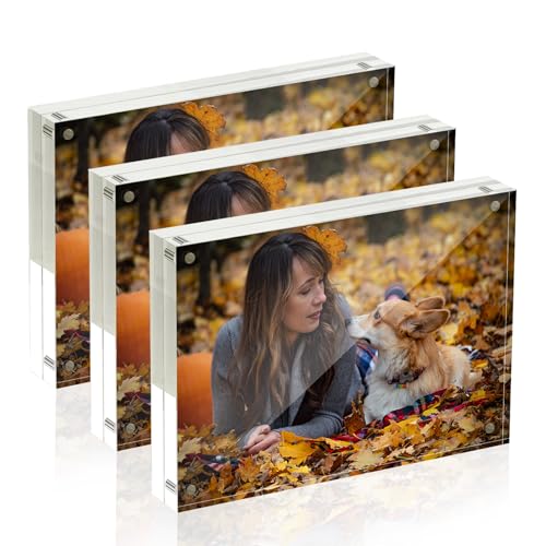 Smiaria 5x7 Acrylic Picture Frames, 20mm Thick Clear Frameless Magnetic Photo Frames, Double Sided Transparent Square Frame Gift for Tabletop Display(3 Pack)