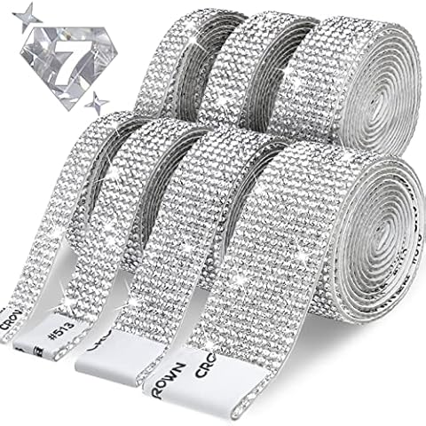 Rhinestone Ribbon 7 Rolls 7 Yards Self Adhesive Diamond Bling Rhinestones Strips, Crystal Rhinestone Tape Diamond Ribbons Wrap Glittering Stickers for Crafts Arts Car DIY Decoration, Silver, 4 Size Cover