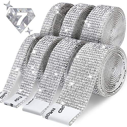 Rhinestone Ribbon 7 Rolls 7 Yards Self Adhesive Diamond Bling Rhinestones Strips, Crystal Rhinestone Tape Diamond Ribbons Wrap Glittering Stickers for Crafts Arts Car DIY Decoration, Silver, 4 Size