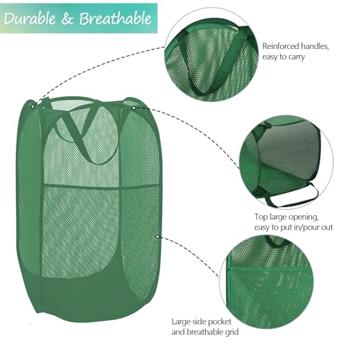 Image of BATTOO Deluxe Strong Mesh Pop up Laundry Hamper Basket with Side Pocket for Laundry Room, Bathroom, Kids Room, College Dorm or Travel Green