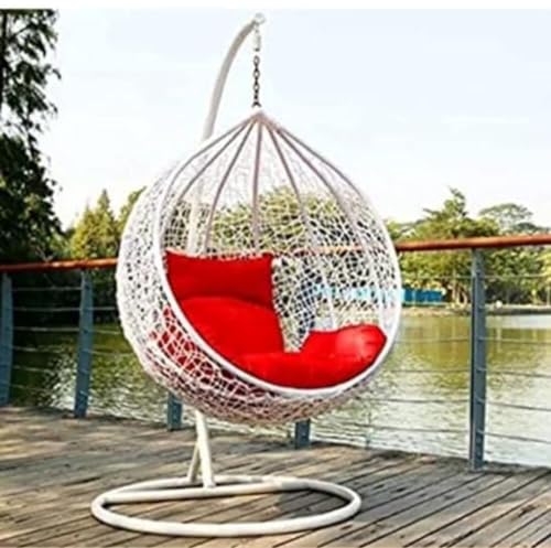 Image of Single Seater Swing Chair with Stand and Cushion Hammock Swing for Adult Outdoor Indoor Garden Living Room Balcony Hanging Chair (White Red)