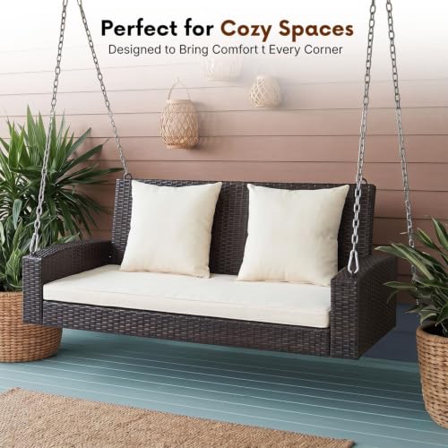 Image of DEVOKO All Weather Resistant Rattan Wicker Double Seater Sofa Swing with Cushions for Garden, Poolside, Terrace, Balcony (Dark Brown & Cream)