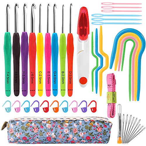 Mukum 44Pcs Crochet Kit Crochet Hooks Crochet Needles for Crocheting with Case Ergonomic Handle Crochet Hooks Knitting Needles for Arthritic Hands