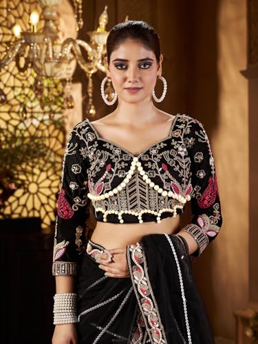 Image of Pandadi Saree Women's Net Embroidery Work Saree With Unstitched Blouse Piece