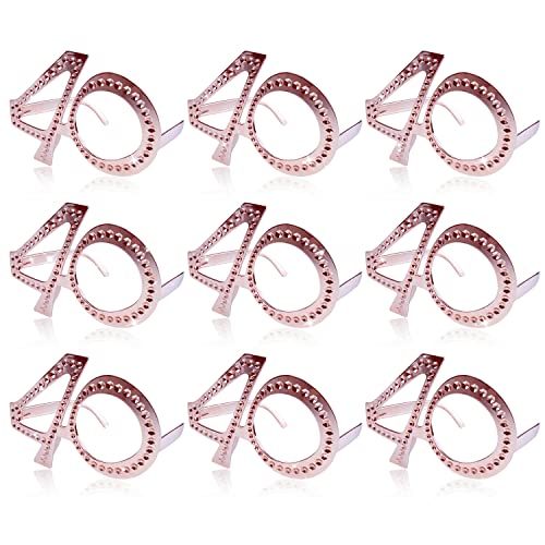 Qunonaty Fun Birthday Party Glasses - 40th Birthday Glasses 9 Pairs Rose Gold 40 Years Old Birthday Party Glasses Fun Plastic Costume Photo Booth Props for 40th Anniversary Party Supplies