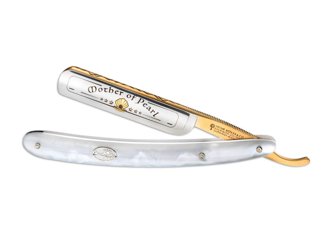 Navaja afeitar barbero alemana BÖKER MOTHER OF PEARL 5/8"con hoja de acero carbono de 8 cm y empuñadura de sintético madre perla de 16 cm. Fabricada artesanalmente en Sollingen 140525