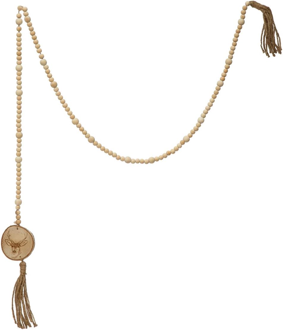 Creative Co-Op Paulownia Wood Bead Garland with Deer Icon and Tassels, Natural