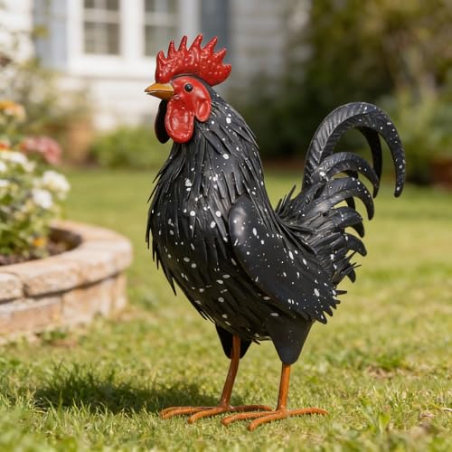 Ratuor Rooster Garden Statue Sculpture Metal Chicken Yard Decor Outdoor Figurines Patio Backyard Decoration (Black)