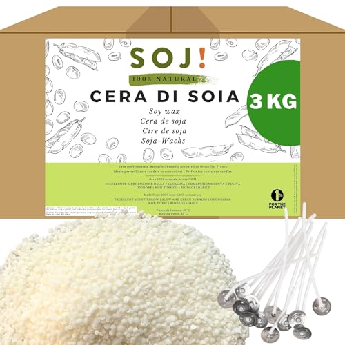 Soj – 30 STOPPINI OFFERTO - 3KG Pellet cera di soia vegetale 100% pura e naturale per la creazione di candele, cera per candele, cera di soia per candele marca francese