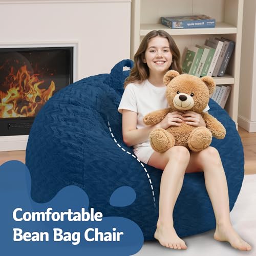 Image of HABUTWAY 2FT Bean Bag Chair,Giant Bean Bag Chairs for Adults,Big Bean Bags with Memory Foam Filled, Large Beanbag Chairs with Chevron Plush Cover-Blue