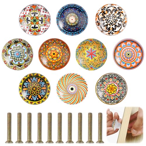 PetGlimmer 10 Piezas Colores aleatorios Pomos Ceramica Armario, Tiradores para Cajones de Muebles de Estilo Bohemio, Pomos y Tiradores Vintage, Pomos de Cerámica para Cajones para Puertas, Armarios