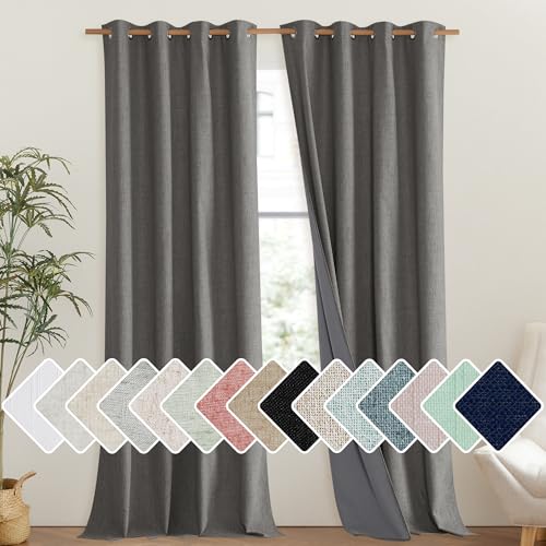 NICETOWN Grizzle Gray Vintage Linen 100% Blackout Curtains for Living Room, Thermal Insulated Curtains 95" Long, Noise Reducing Window Treatment Drapes for Bedroom, 52" Wide Per Panel, Set of 2 - image 1
