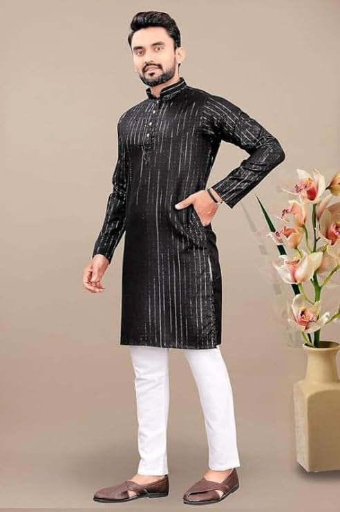 Image of FASHION GALLERY Men's Solid Pattern Polycotton Kurta with Long Sleeve Round Neck Knee Length and Pull On Closure Type|Men Kurta Pajama Set