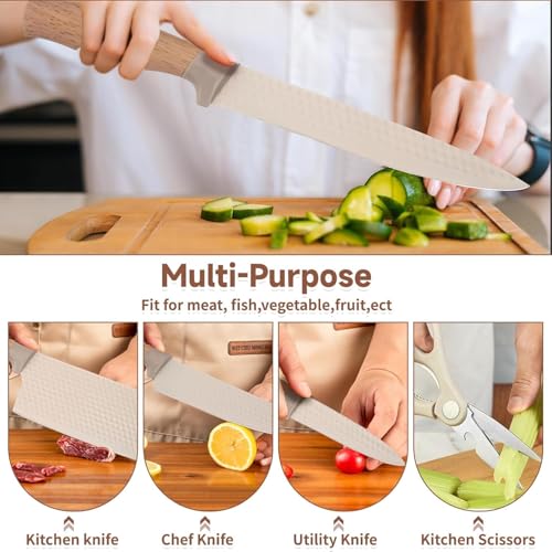 Image of Kitchen Knife Set with Stand 6 Pcs Chef Knife,Cleaver,Paring Knife & Manual 3 Stage Knives Sharpner Tool Scissors Stainless Steel Sharp Blades Wooden Finish Handle Knife Block for Home & Cooking